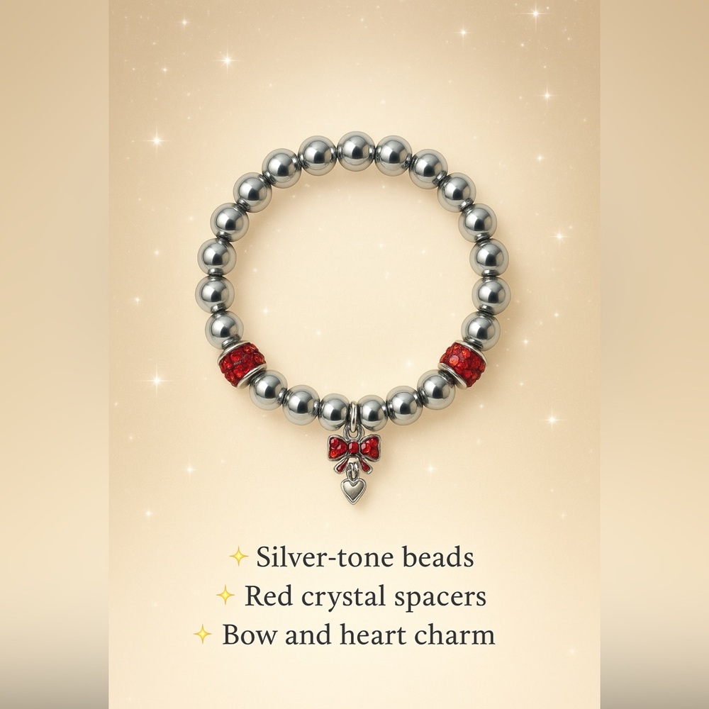 Silver Beaded Bracelet with Red Rhinestone Spacer Beads and a Red/Silver Charm